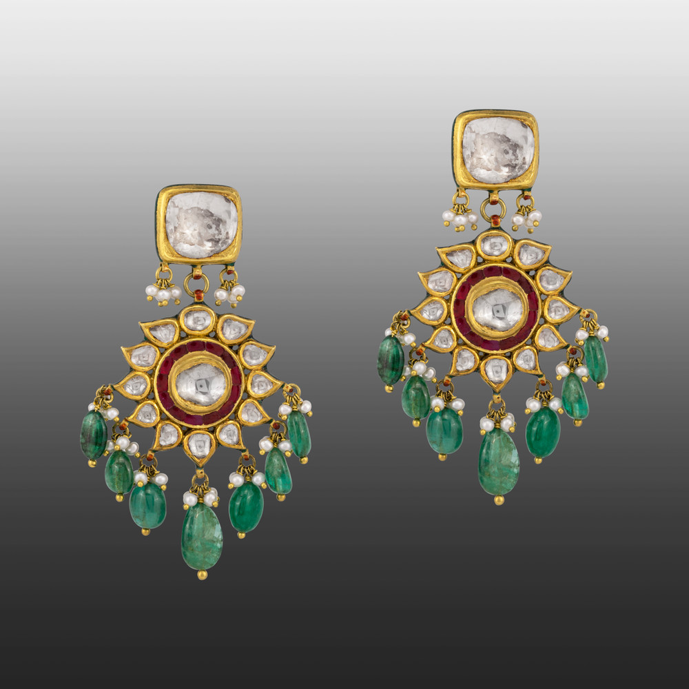 Red Talaf Earring with Emerald and Polki Floral Design